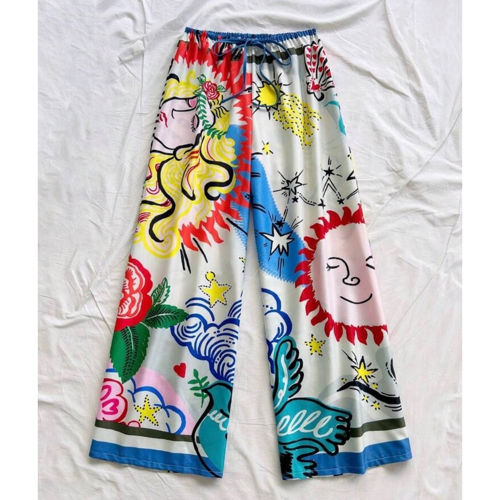 Artistic Sun and Star Print Wide Leg Drawstring Pants Multicolor Womens Large